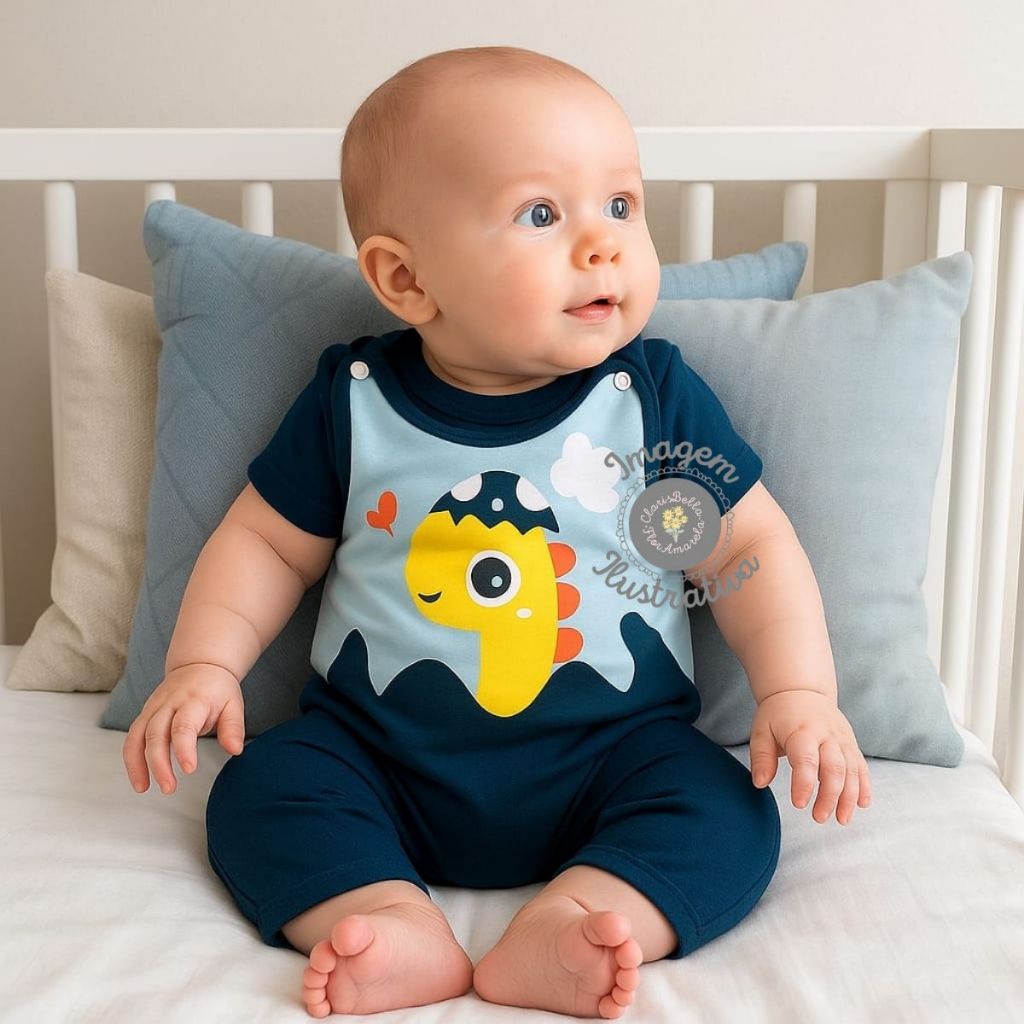 Macacão Jardineira Camiseta Conjunto Bebê Menino Dinossauro Algodão 0 a 3 meses