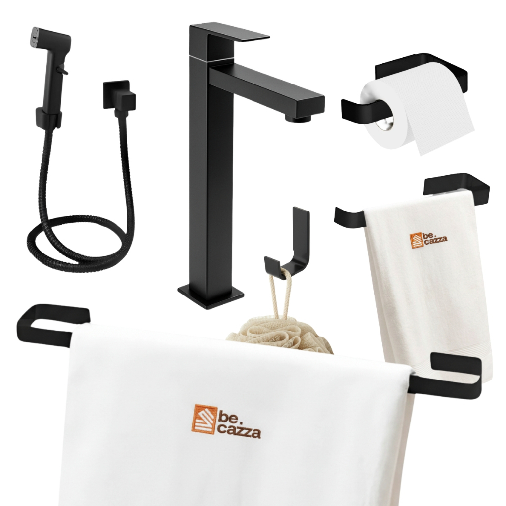 Kit Acessórios Banheiro Preto Fosco + Ducha + Torneira Bica Alta em Oferta na Shopee