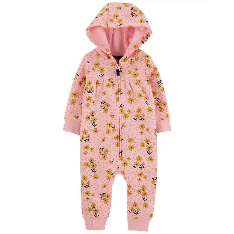 MACACÃO CARTER'S EM FLEECE COM CAPUZ FLORAL ROSA