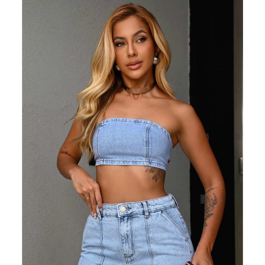 Cropped top jeans faixa tomara que caia ajustável sem lycra sem elastano 100% algodão em Oferta na Shopee