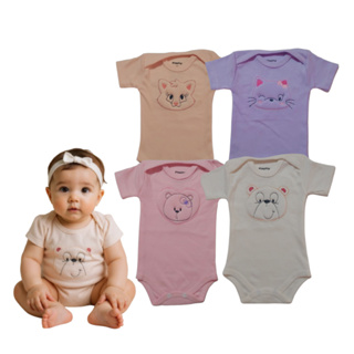 Kit 4 Bodies Bordados Bebê Manga Curta – Suedine 100% Algodão Unissex Menino Menina em Oferta na Shopee