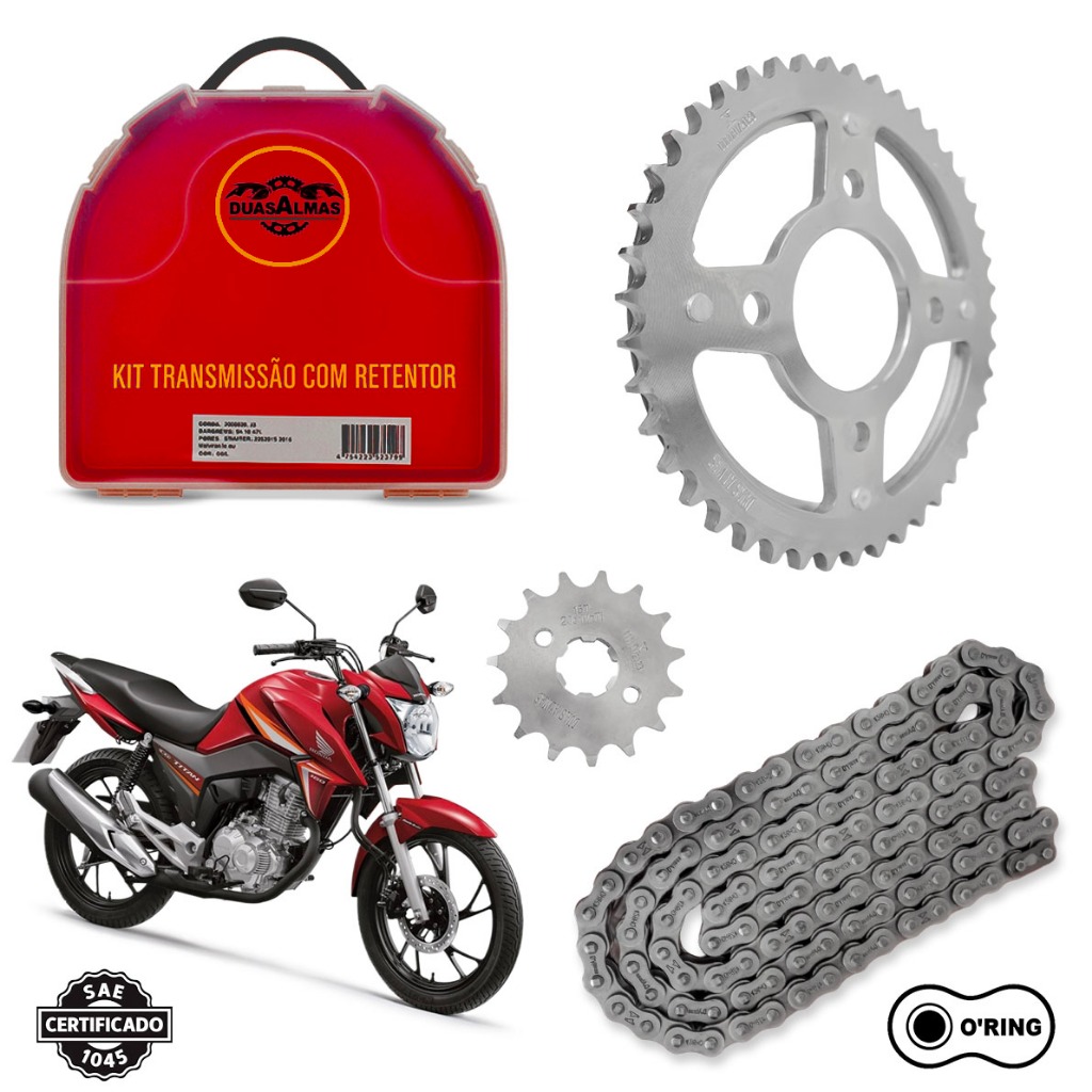 Kit Relação Cg/fan/start/cargo/titan 160 Top C/retentor Aço 1045 c autonomia de 35 mil km Duas Almas