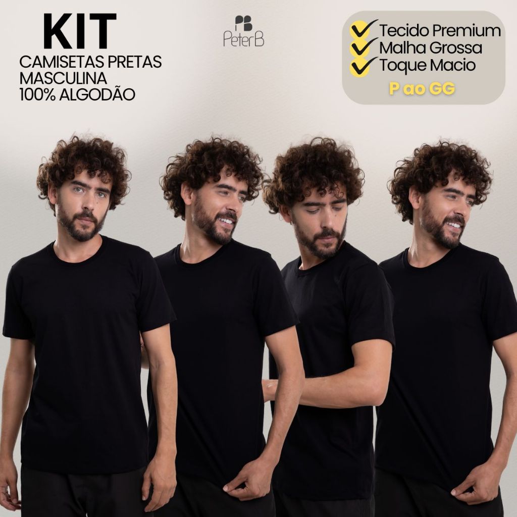 Kit Camisetas Masculina Preta Basica Casual Dia a Dia100% Algodão Gola Redonda Lisa (P, M, G, GG) em Oferta na Shopee