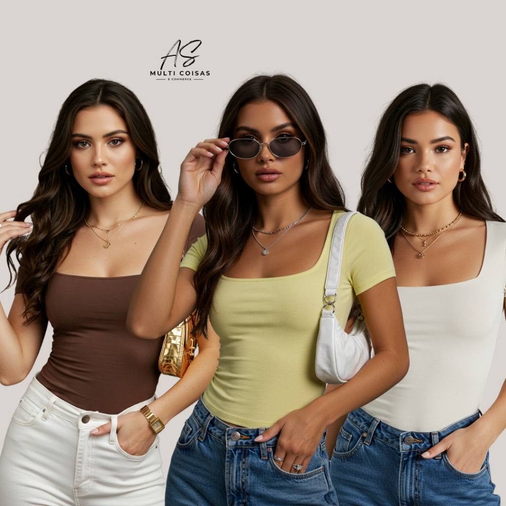 KIT COM 3 BABY LOOK BLUSINHA MANGA CURTA COM DECOTE QUADRADO FRONTAL VERÃO NOVIDADE DIRETO DA FABRICA