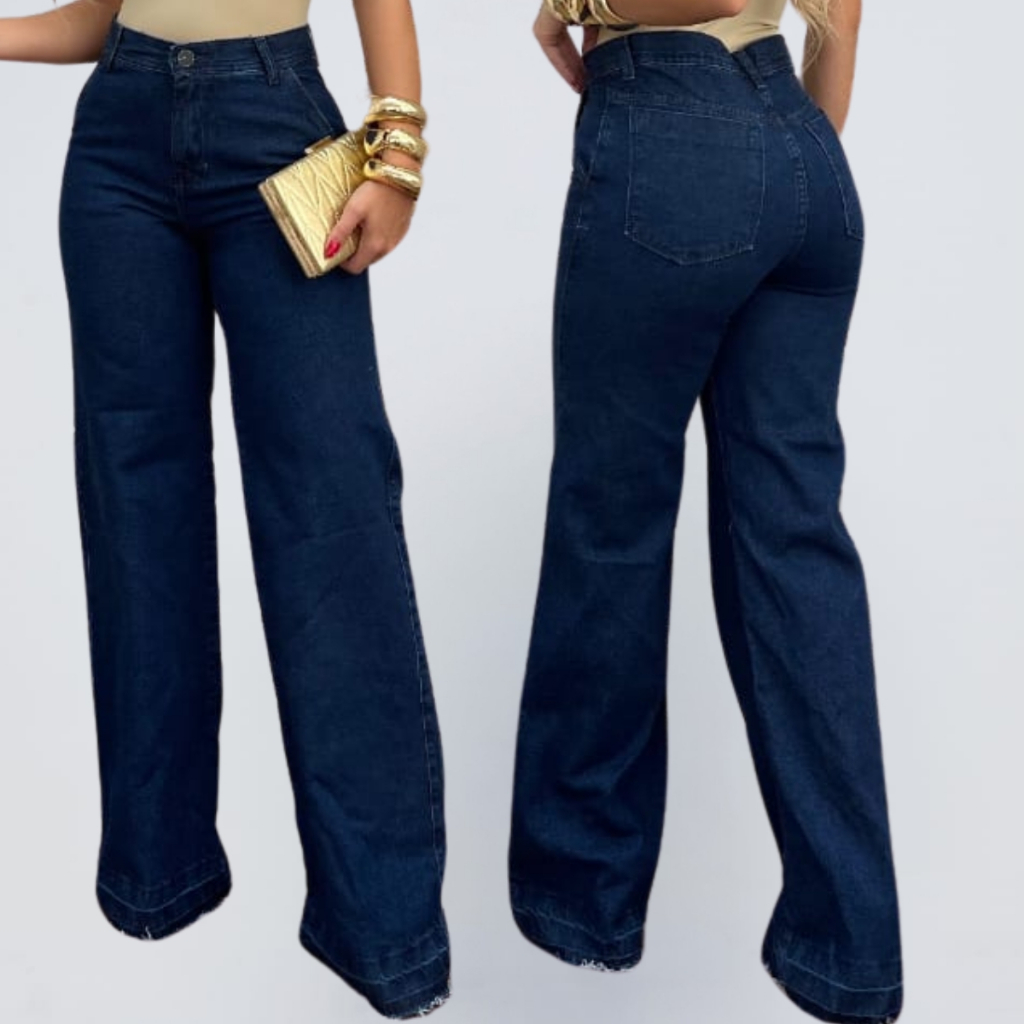 Calça Jeans Feminina Wide Leg AMACIADA Pantalona Boca Larga Cintura Alta Linha Premium 100% Algodão