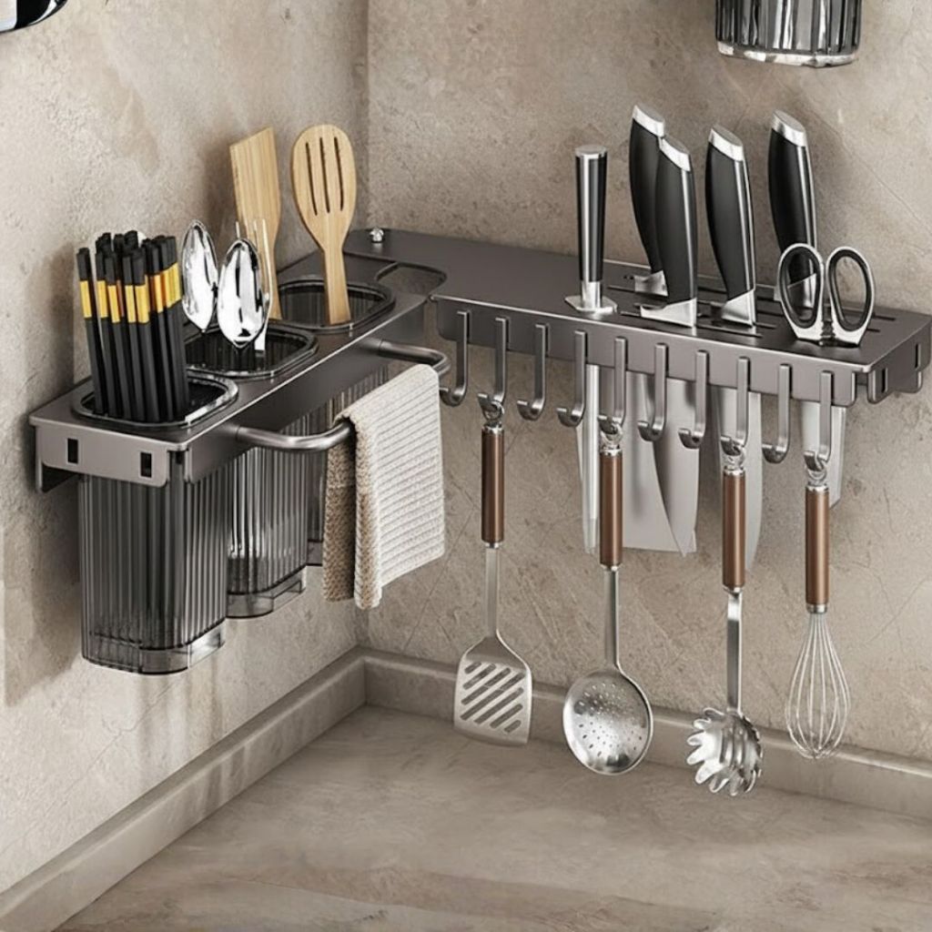 Organizador de Cozinha de Canto com Ganchos e Porta Facas Suporte de parede