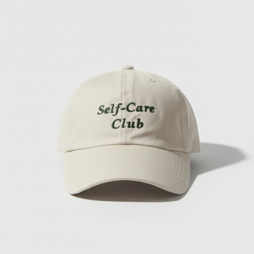 Boné Self-Care Club Bege | Estilo Minimalista • Bordado Premium em Oferta na Shopee