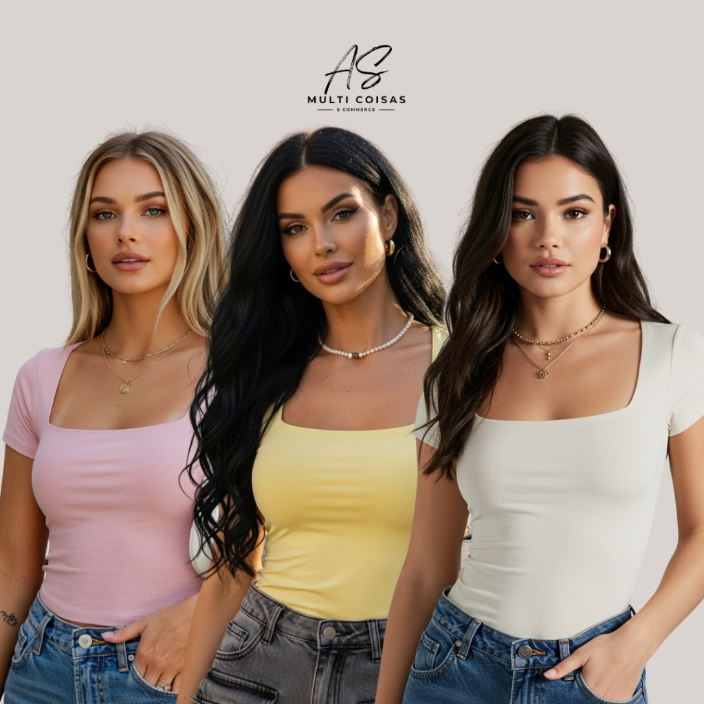 KIT COM 3 BABY LOOK BLUSINHA MANGA CURTA COM DECOTE QUADRADO CONFORTÁVEL NOVIDADE VERÃO NOVIDADE em Oferta na Shopee