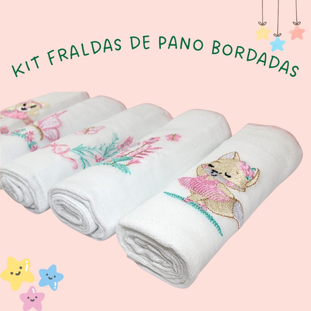 Kit Fralda Bebê Menina Já Bordada Pano Duplo Babete De Ombro Rosa 100% Algodão - Escolha Quantidade!