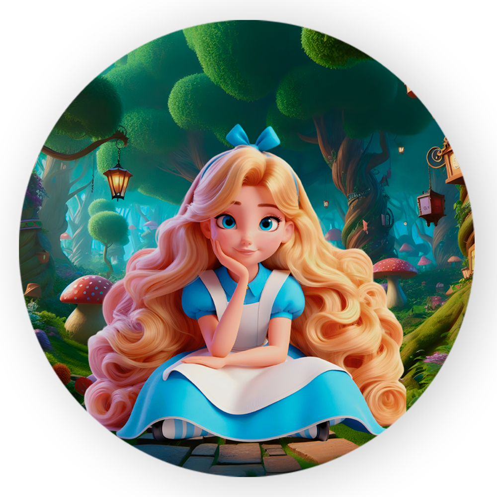 Capa Painel Festa 1,50x1,50 Redondo Sublimado Tema Alice Princesa Filme Conto De Fadas Feminino Decoração Festa Infantil
