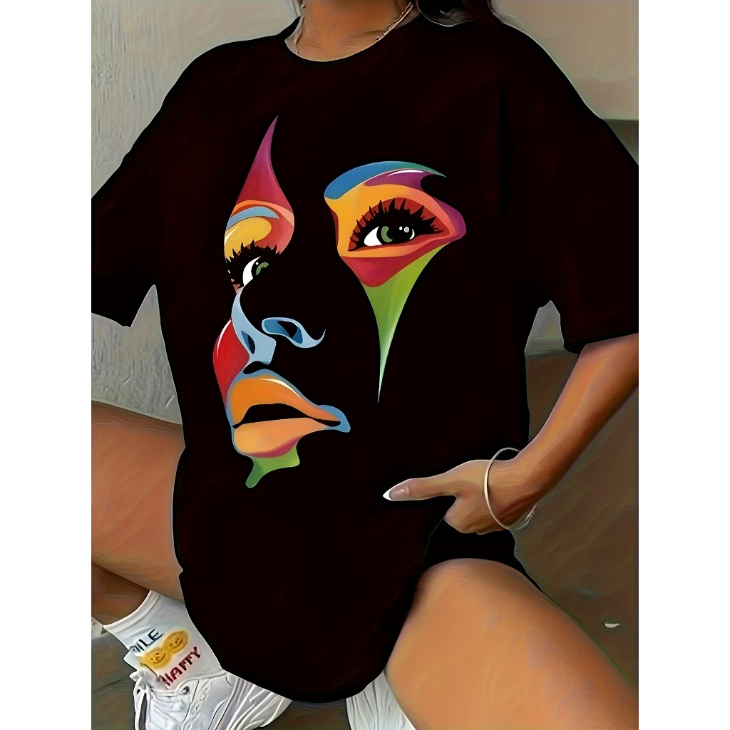 Roupa feminina oversized para academia estilosa estampada rosto mulher camiseta camisa preta algodão