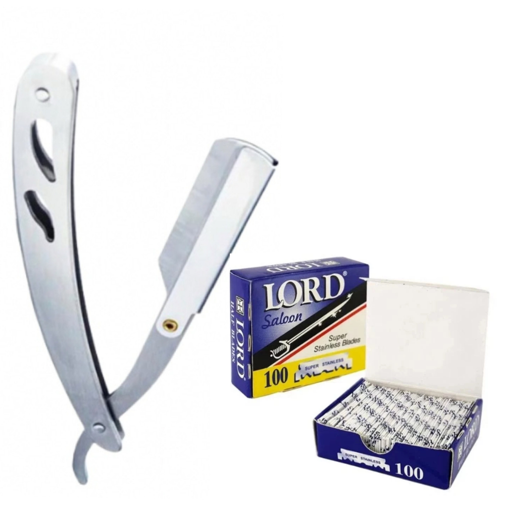 Kit 1Navalha Navalhete Inox + 100 Meia Lâmina De Barbear Lord Saloon