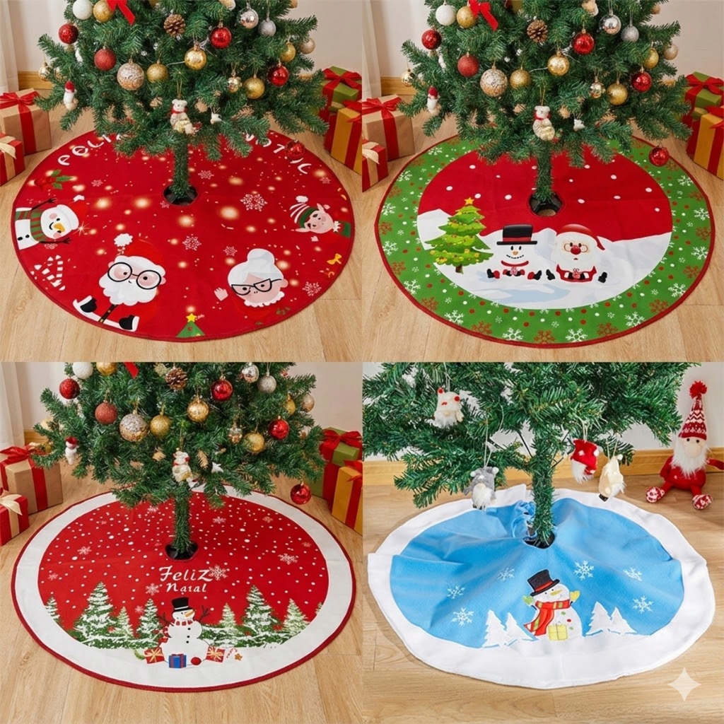 Saia Árvore de Natal tapete decorativo para base com estampa natalina vermelha Feliz Verde