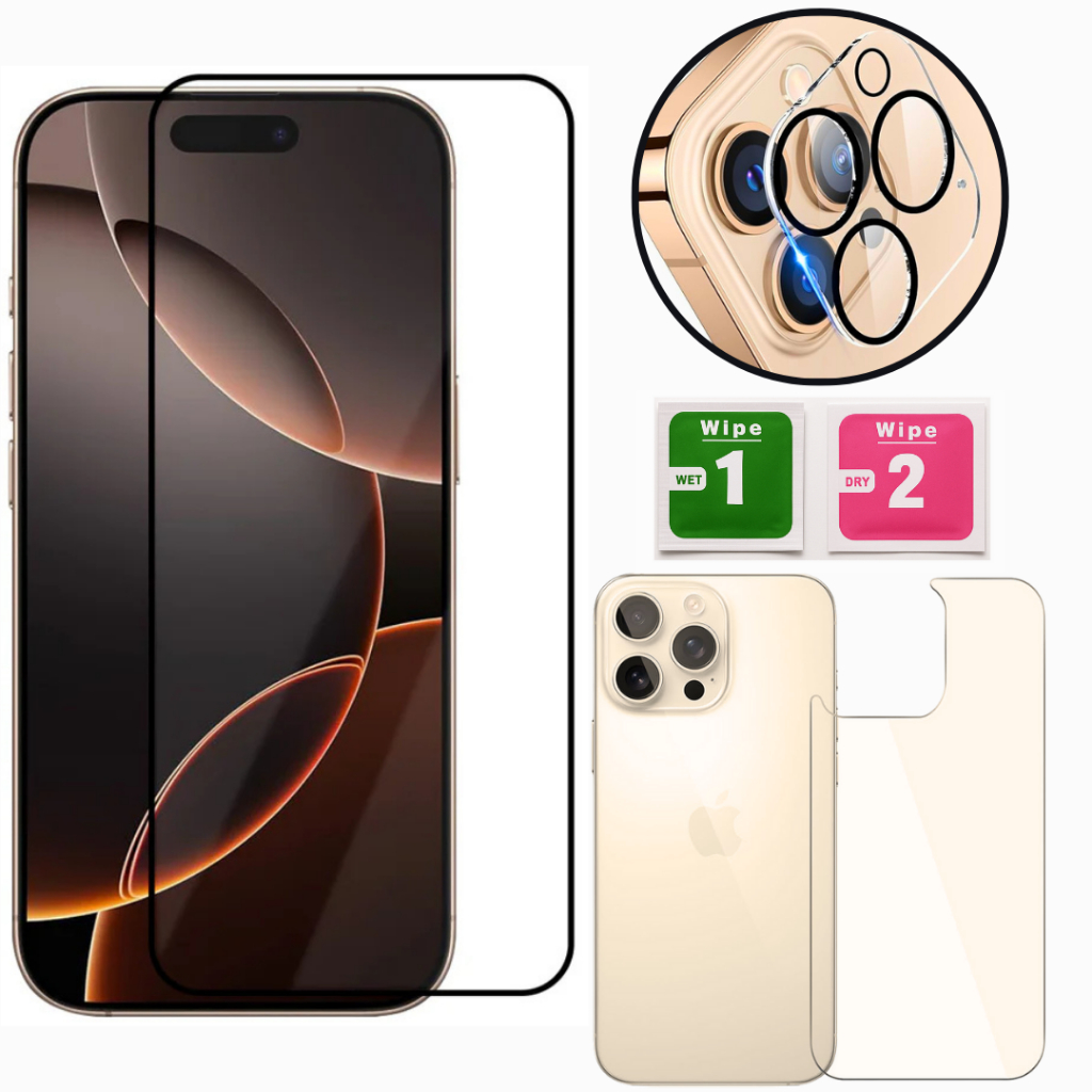 Kit 3 em 1 iPhone 11 12 13 14 15 16 16e 17 Pro Max Plus Mini Air Película Vidro 3D Transparente Câmera Traseira