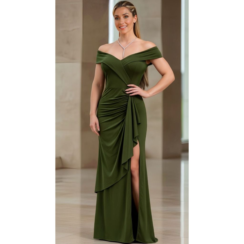 vestido longo de festa ombro a ombro com fenda drapeado elegante rose fucsia marsala marrom + cores