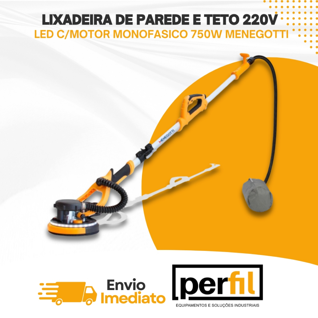 Lixadeira de Parede Teto Elétrica Menegotti MLP750 220v para Lixamento de Gesso Drywall Reboco Pedreiros