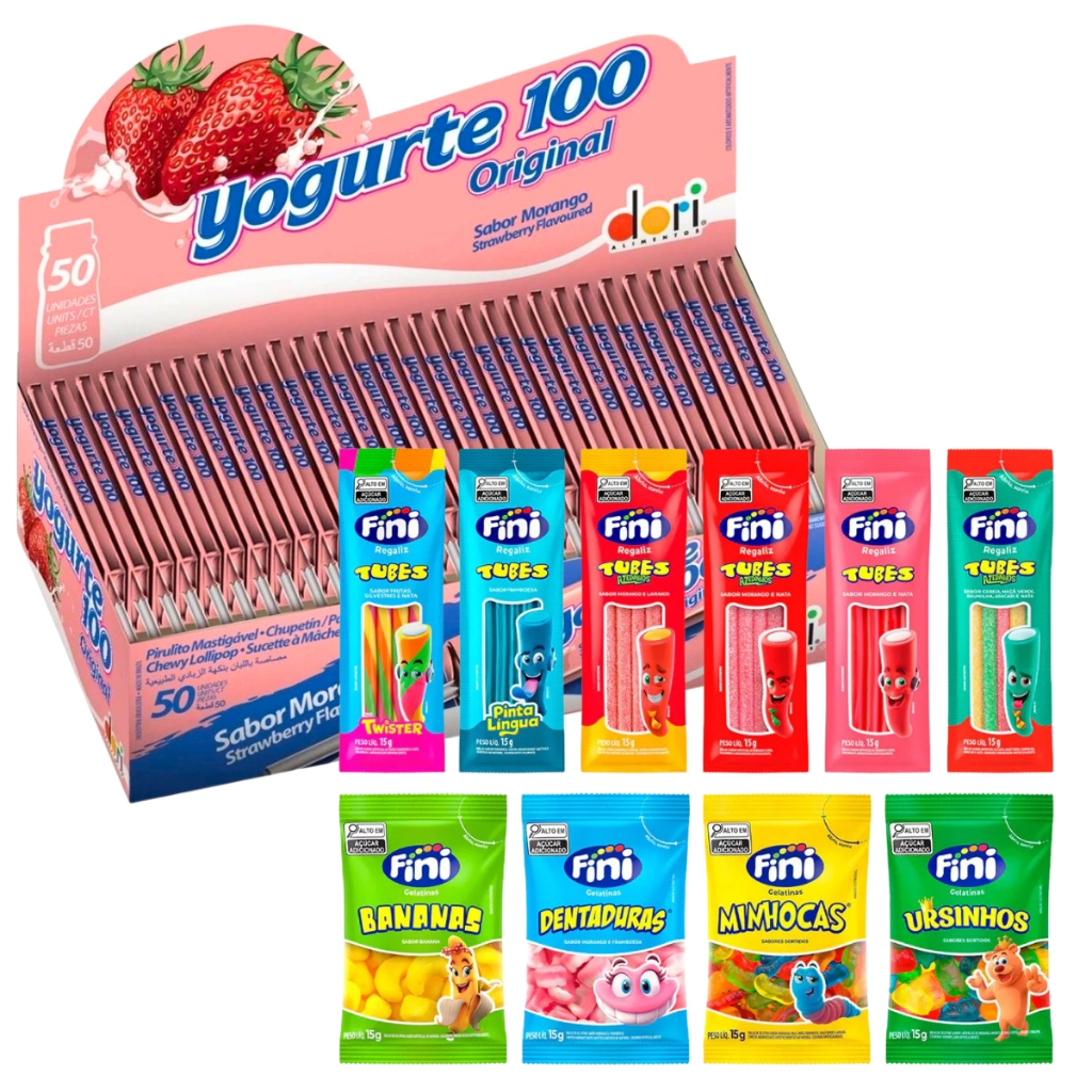 Kit 50 Unidades de Bala Fini Sortida + Pirulito Mastigavél Yogurte 100 50 Unidades Dori em Oferta na Shopee