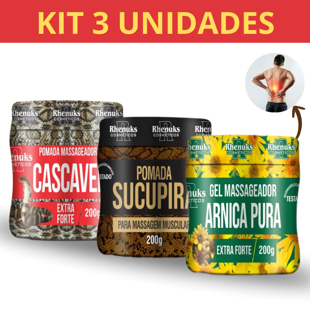 KIT 3 Pomadas Cascavel + Arnica Pura + Sucupira, Gel e Creme Para Lesões e Dor Muscular Alivio Corpo