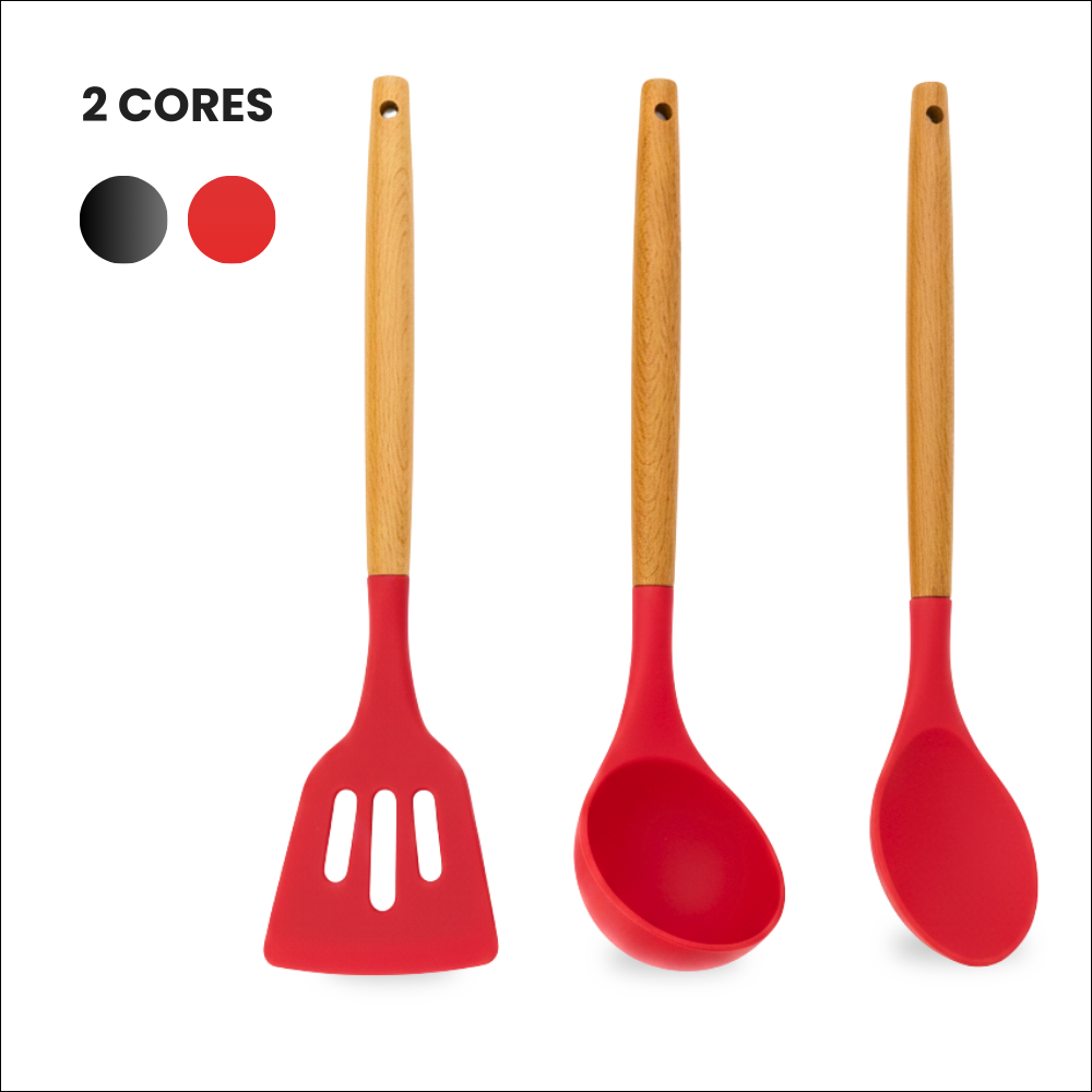 KIT 3 Utensílios Silicone e Cabo Bambu | Concha Colher Espátula | Preto Vermelho