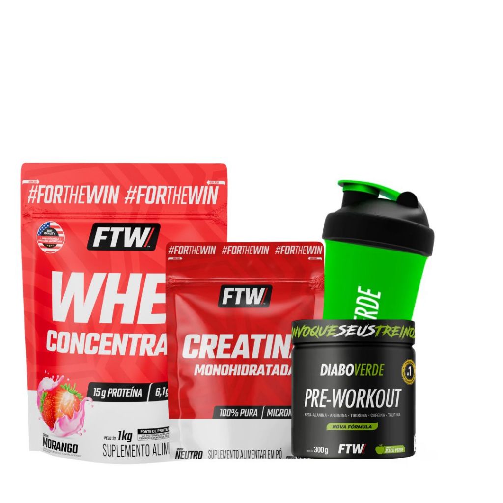 Kit Whey 1kg Concentrado FTW + Diabo Verde Pré-treino 300g Maçã Verde + Creatina Pura Refil 300g + Coqueteleira 600ml em Oferta na Shopee