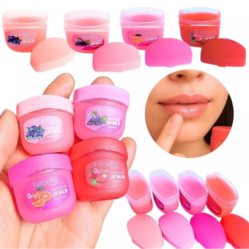 Kit 4 Lip Balm Vaselinas Hidratante Febella Morango Uva Cítrico e Blue Berry Cheiro de Bubaloo em Oferta na Shopee