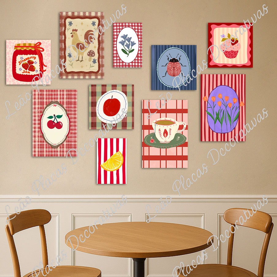quadros para decorara cozinha minimalist bistro restaurante kit 10 placas MDF cereja xadrex flores galo - estilo mosaico em Oferta na Shopee