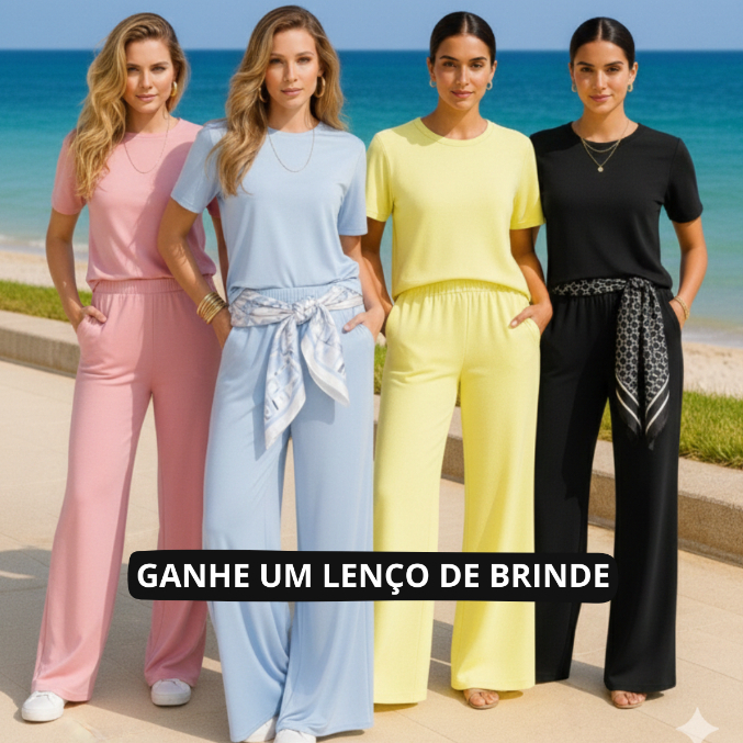 Conjunto Feminino Moletinho Calça Pantalona e Camiseta Confortável Moda Premium Tendência Lenço Brinde