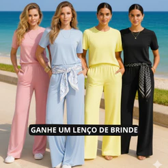 Conjunto Feminino Moletinho Calça Pantalona e Camiseta Confortável Moda Premium Tendência Lenço Brinde