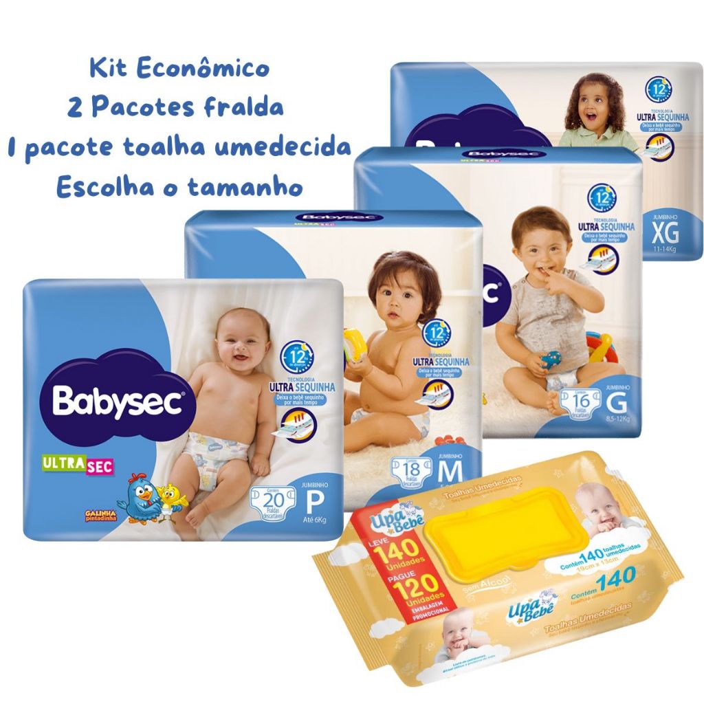 Kit 2 Pacotes Fraldas Babysec Ultrasec Antivasamento  + Toalhas Upa Bebê - Kit Cha bebê