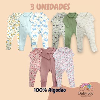 Kit 3 Macacão Longo Bebê Ribana Estampada100% Algodão com Zíper Menina Menino Enxoval Maternidade em Oferta na Shopee