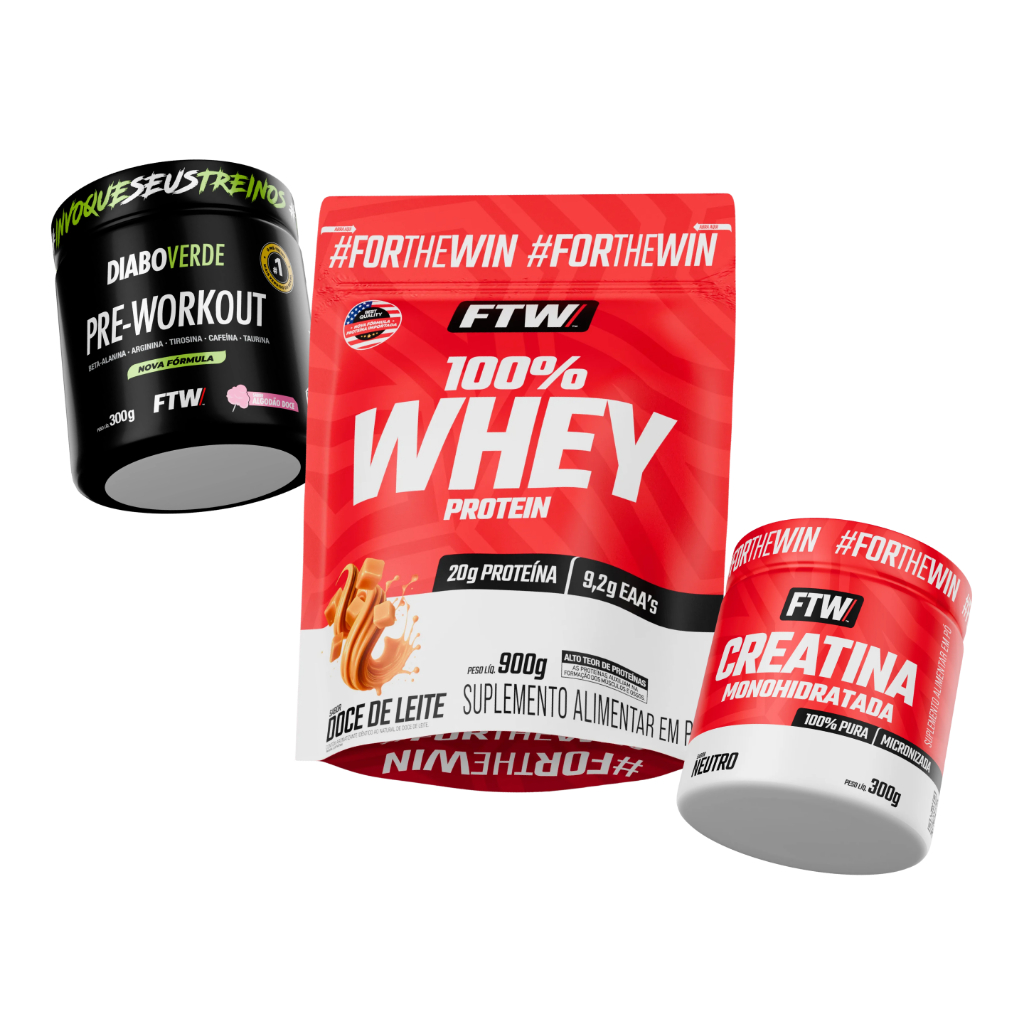 Kit FTW Whey Doce de Leite Refil 900g + Creatina Pura Pote 300g + Pré-treino Diabo Verde Pote 300g em Oferta na Shopee