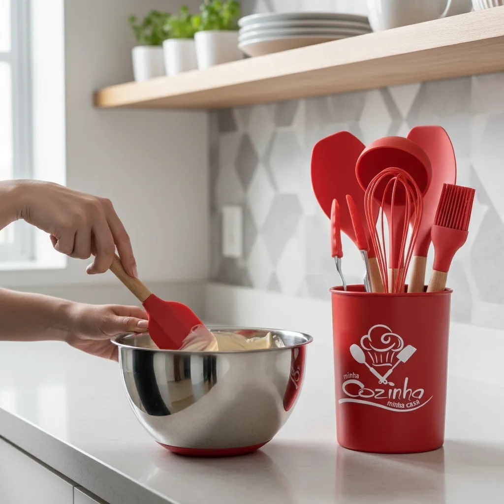 JOGO UTENSÍLIOS DE COZINHA 7 PEÇAS SILICONE E CABO MADEIRA COLHER ESCUMADEIRA CONCHA BALDE SUPORTE ESPATULA UTENSILIOS