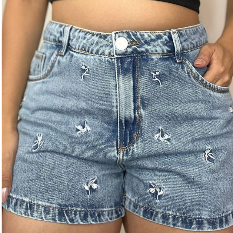 Short Jeans Feminino Bordado Sem Lycra Alto Padrão em Oferta na Shopee