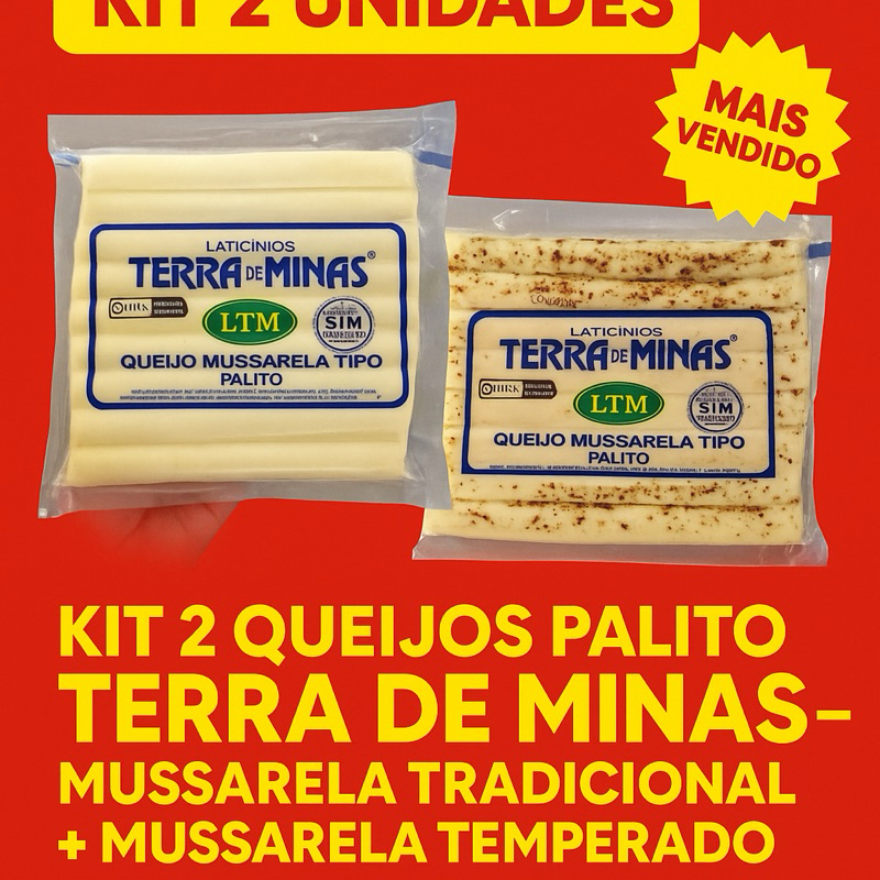 Kit 2 Queijos Palito Terra de Minas – Mussarela Tradicional + Mussarela Temperado – Fresco e Artesanal 250g