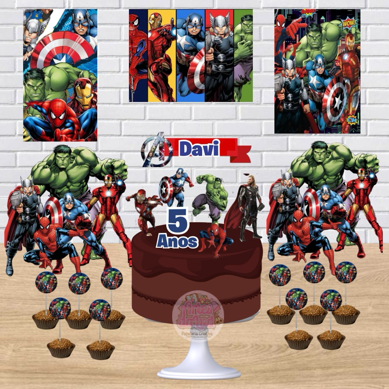 Kit Festa Heróis Marvel - Kit So um Bolinho Herois - Kit festa Hulk, homem aranha, thor, capitão América, homem de ferro