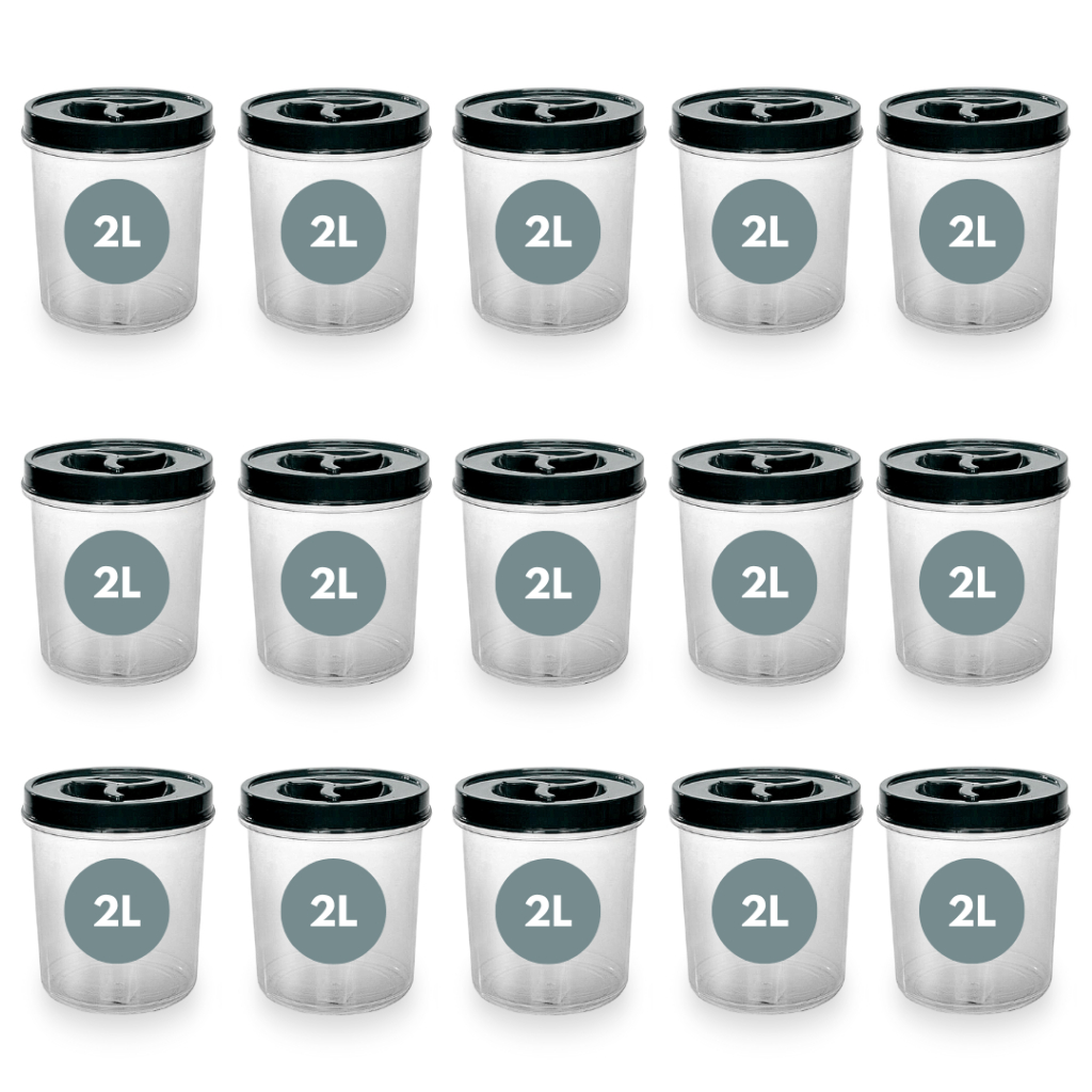 Jogo 15 Potes Mantimento Redondo Transparente 2 Litros Tampa ROSCA Café Açúcar Farinha Cereal Grãos