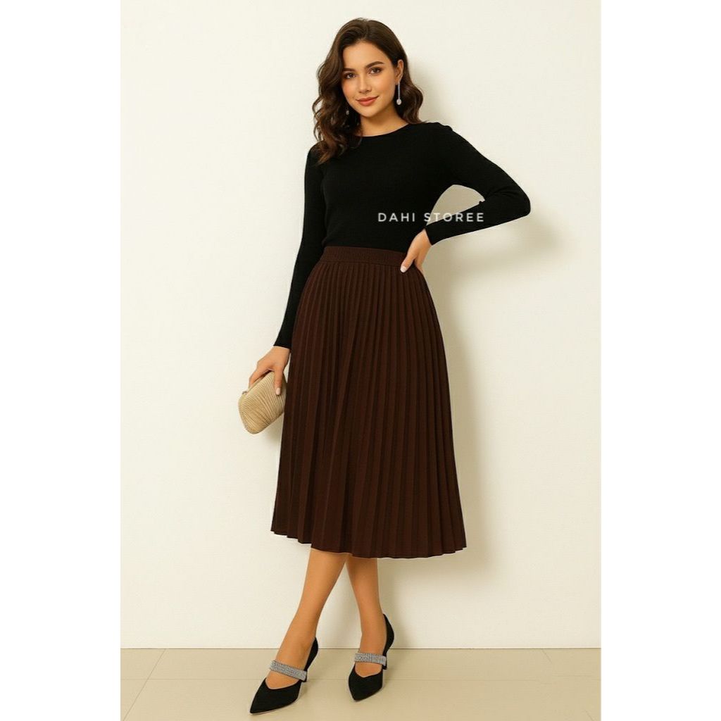 Saia midi plissada feminina Crepe com forro elasticidade na cintura moda evangélica em Oferta na Shopee