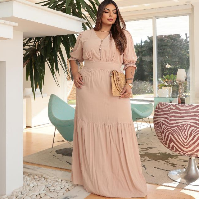 vestido plus size longo estilo elegante tecido leve viscolinho manga bufante curta de um maria em Oferta na Shopee