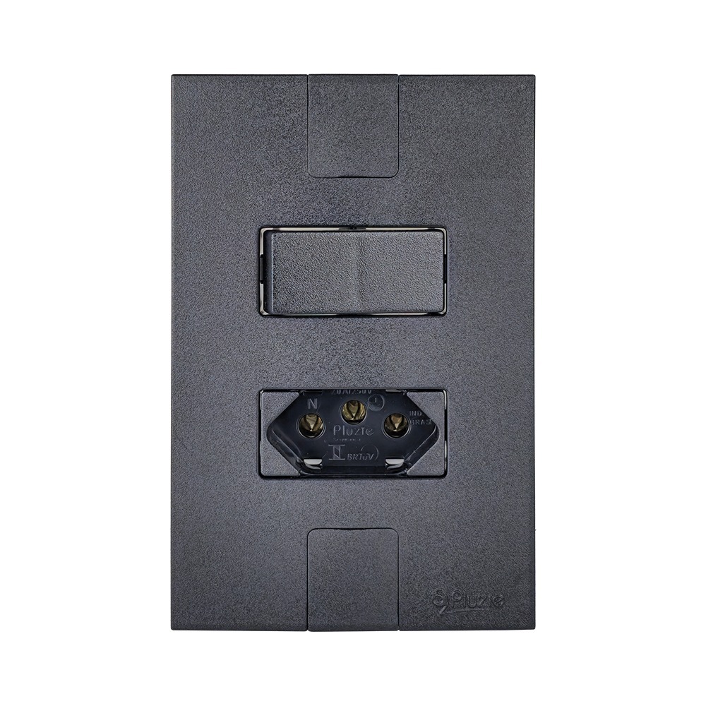 Kit 5 Interruptor Simples + Tomada 20A 2p+t 250v Placa 4x2 Linha Caprice Preto Fosco Pluzie