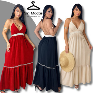 Vestido Longo em Crepe, Vestido costa Nua com elástico e detalhe em Renda. Vestido Chique para o Dia a Dia