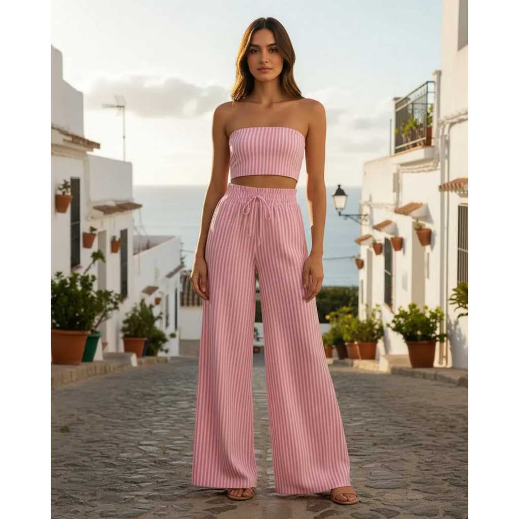 Calça pantalona listrada feminina crepinho moda feminina social risca de giz 2025