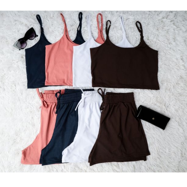 Kit 4 Short Com bolso + Cropped Top Com forro é Alcinha Conjuntos Feminino Moda verão Malha com forró Canelados