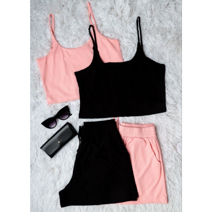 Kit 2 Short Com bolso + Cropped Top Com forro é Alcinha Conjuntos Feminino Moda verão Malha Canelados