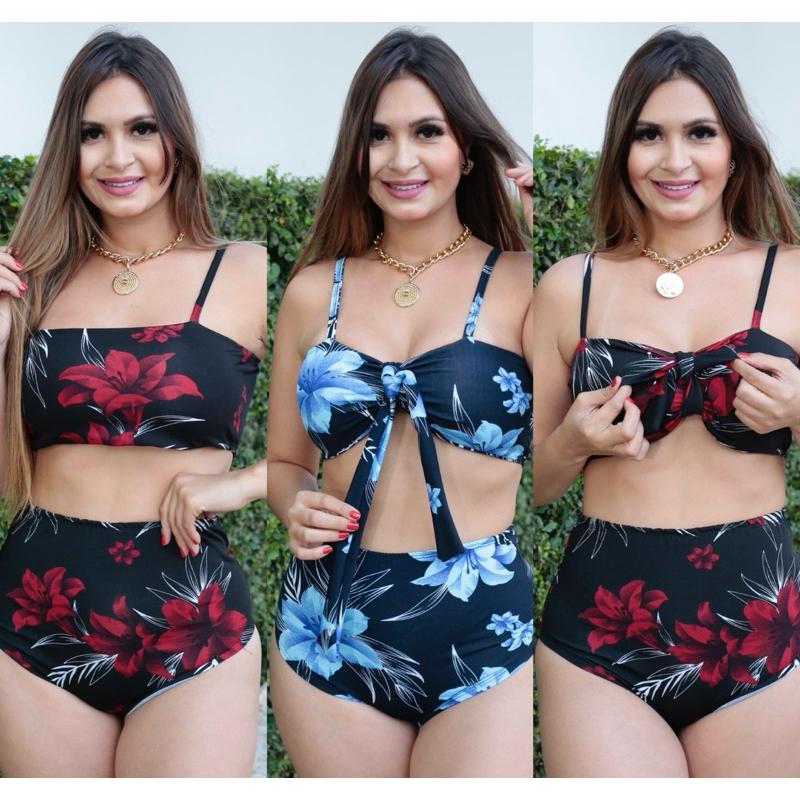 Biquíni Hot Pants cintura  alta feminina  laço  alcinha Estampado florido Lançamento