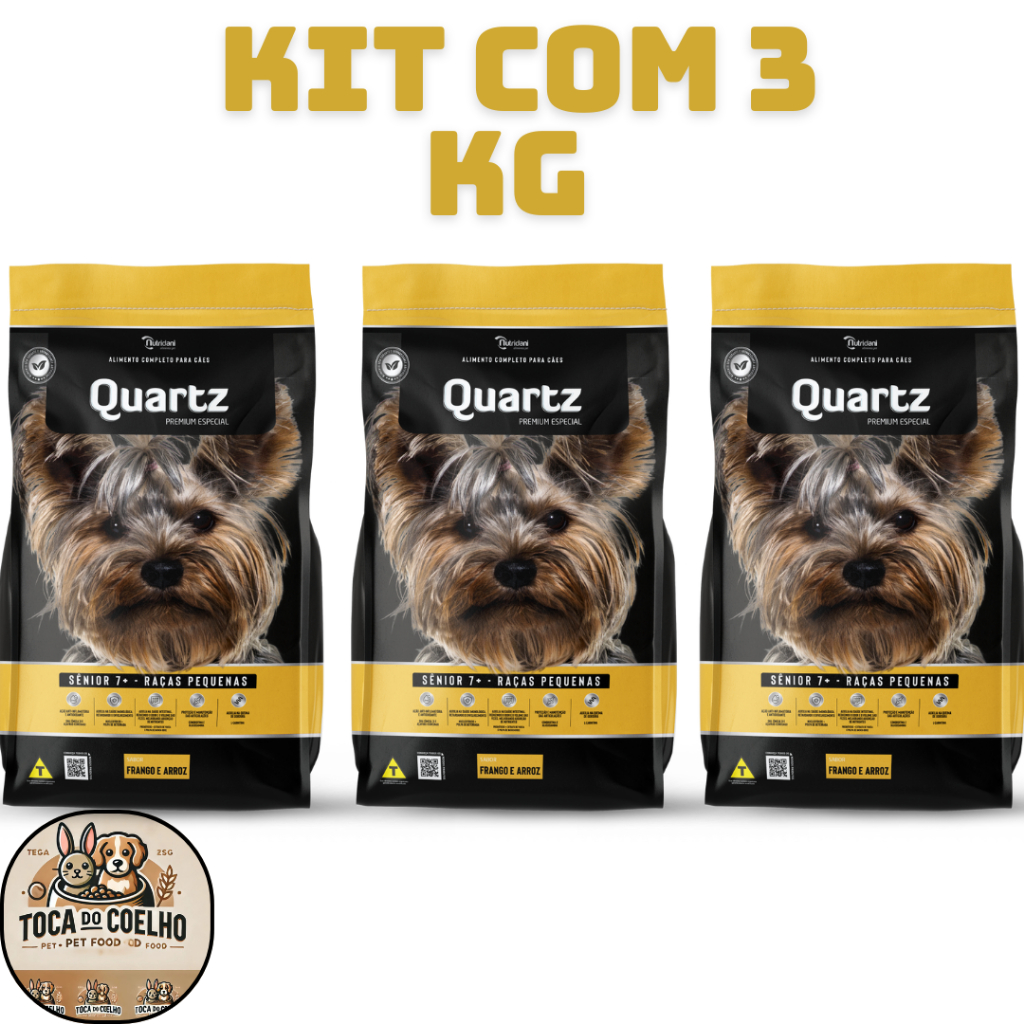 Kit com 3Kg Ração Cães Adultos Quartz Sênior Raças Pequenas Frango Arroz
