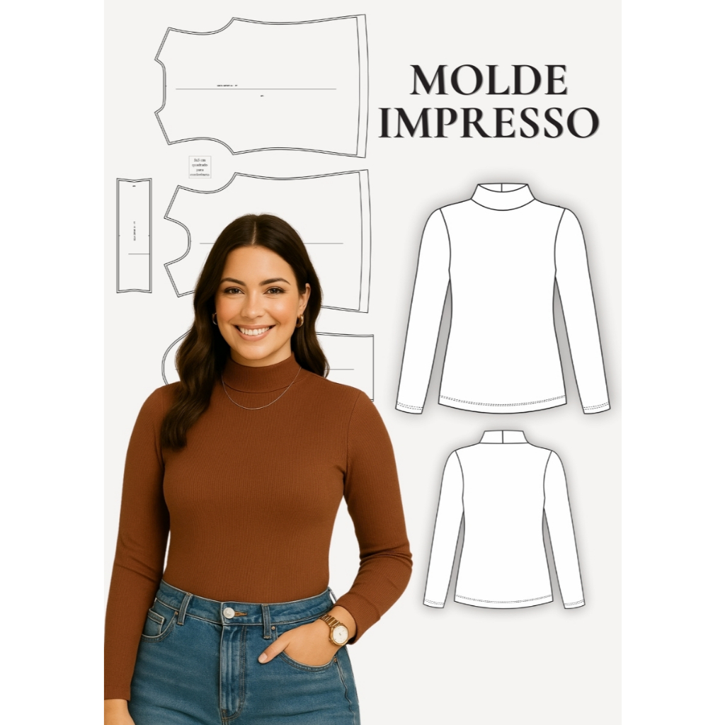 MOLDE EM PAPEL PARA COSTURA IMPRESSO BLUSA GOLA ALTA COM MANGA LONGA PLUS SIZE - MODELAGEM DE ROUPA PAPEL KRAFT