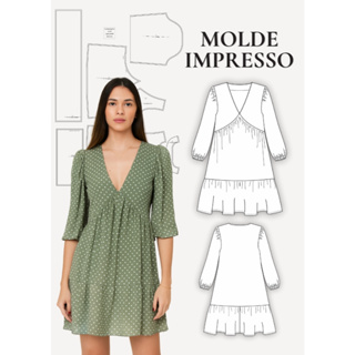 MOLDE PAPEL KRAFT VESTIDO COM MANGA BUFANTE AMANDA PLUS SIZE - MOLDE DE ROUPA  MODELAGEM PARA COSTURA em Oferta na Shopee