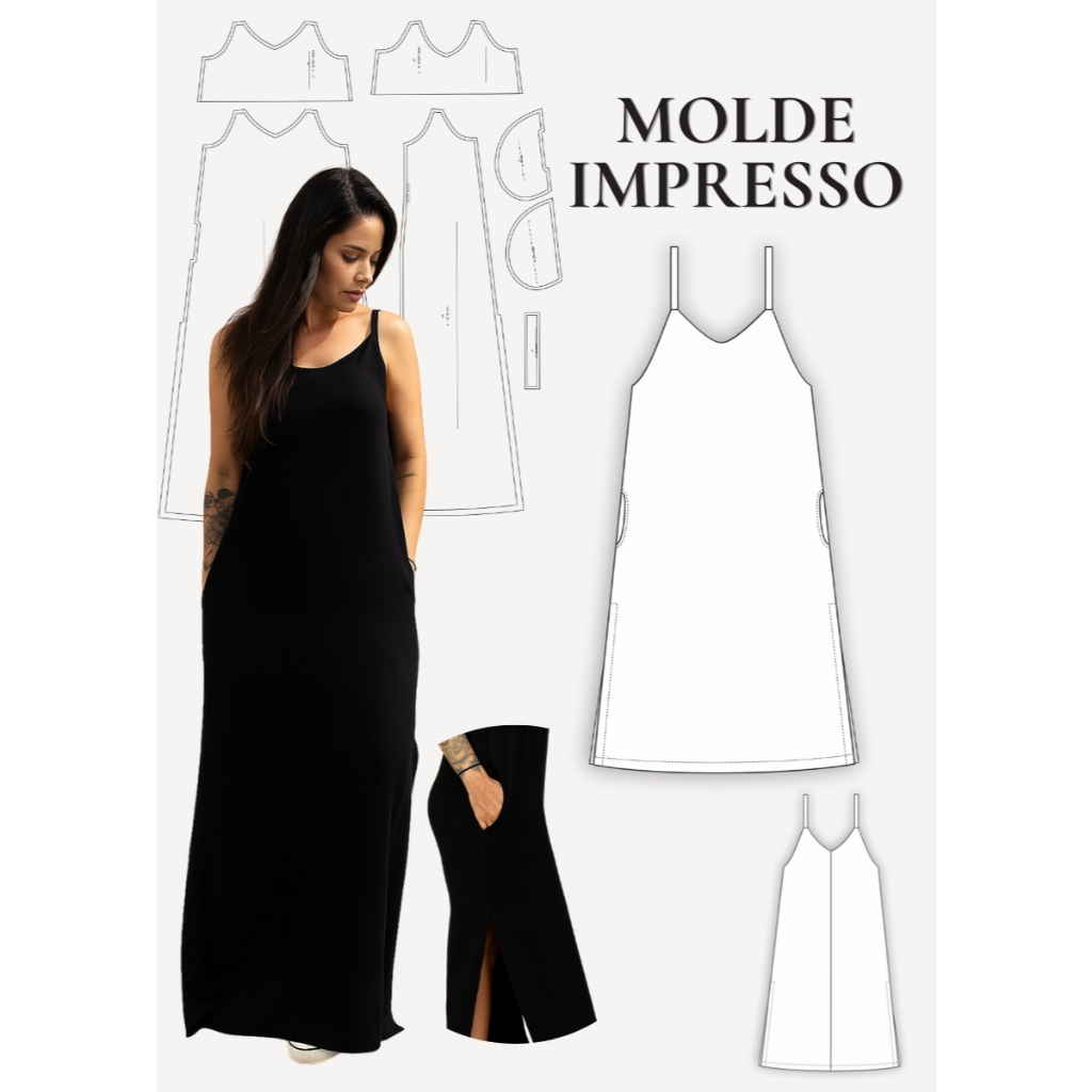 MOLDE EM PAPEL PARA COSTURA IMPRESSO VESTIDO LONGO COM BOLSOS E FENDAS PATI - MOLDELAGEM EM PAPEL - MOLDES DE ROUPA