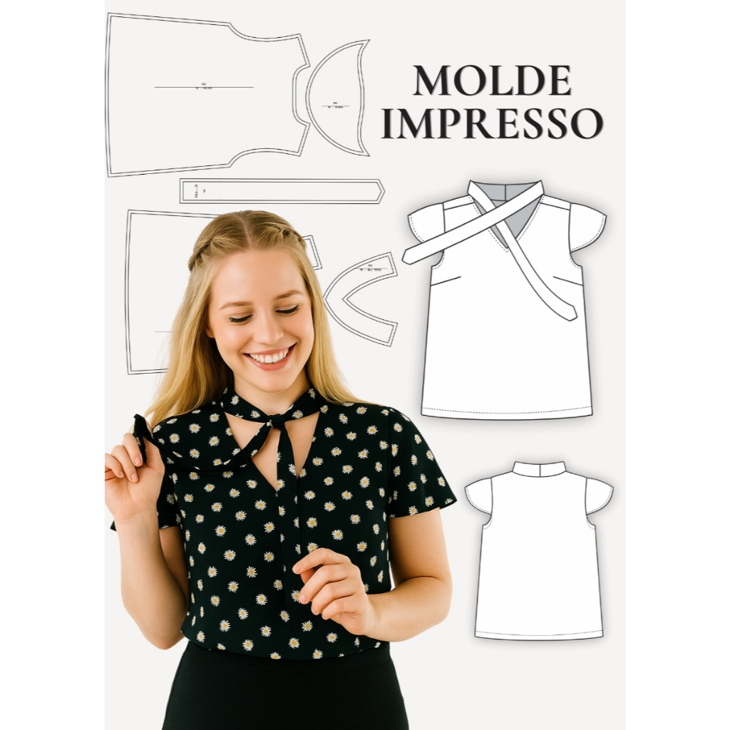 MOMOLDE EM PAPEL PARA COSTURA IMPRESSO DE BLUSA FEMININA GOLA LAÇO PLUS SIZE - MOLDE DE ROUPA PAPEL KRAFT