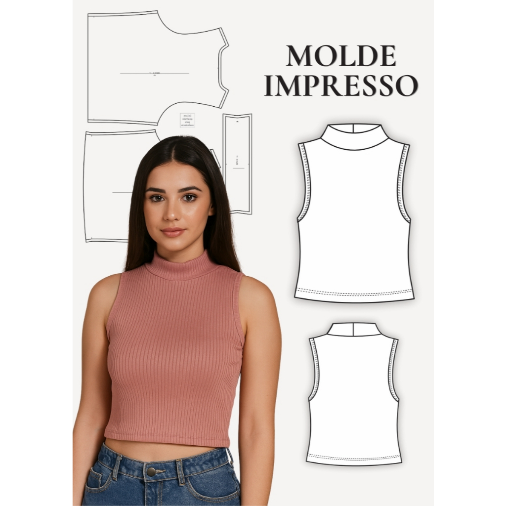 MOLDE EM PAPEL PARA COSTURA IMPRESSO DE BLUSA CROPPED FEMININA GOLA ALTA- MOLDE DE ROUPA PAPEL KRAFT